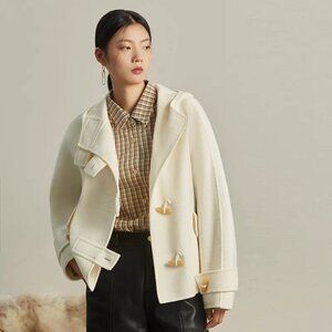 Fangyan Elegant White Cream Toggle Wool Coat with Hood